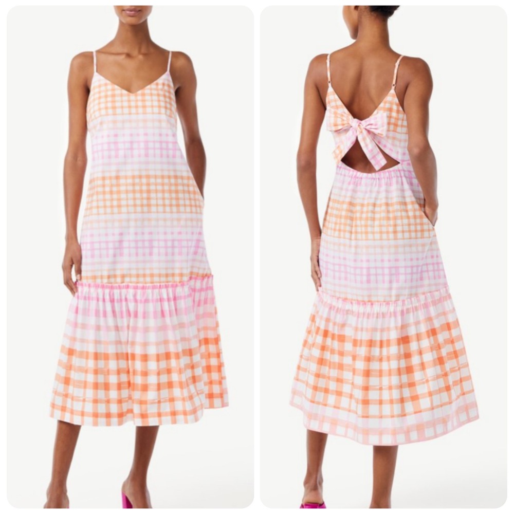 Scoop Cotton Sleeveless Gingham Tie Back Summer Midi Dress Women's Size Large